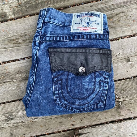Vintage True Religion Jeans Size 34 Straight 'Leather Tab' Blue - Picture 2 of 7